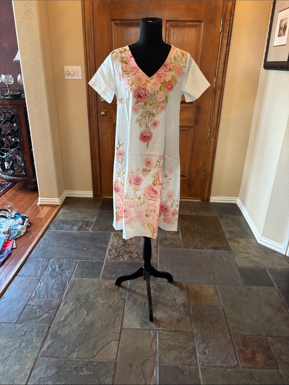 Floral V-Neck White Dress with Pink Rose Print
